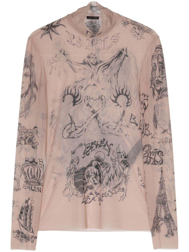 Balenciaga Tattoo-Print Mesh Top Light Beige