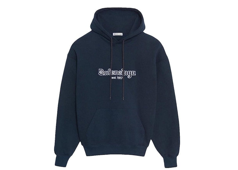 Balenciaga White Logo Hoodie Navy
