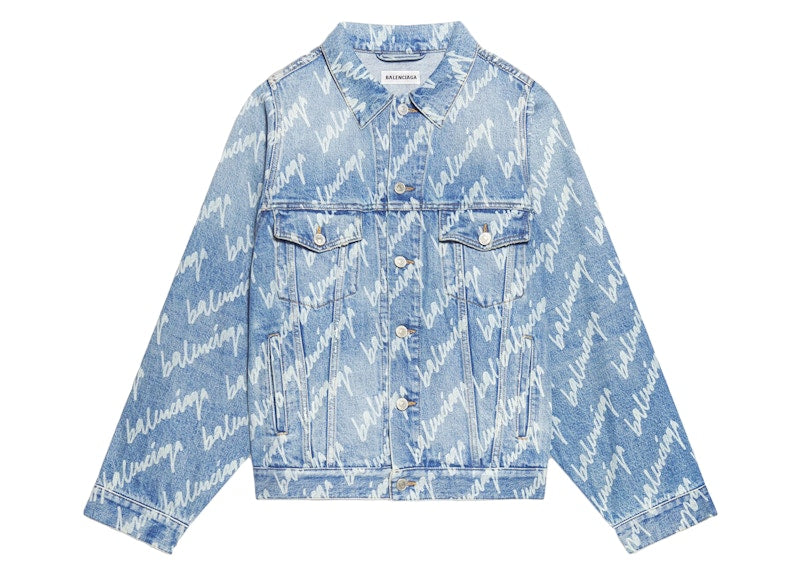 Balenciaga Womens All Over Logo Bell Sleeve Large Fit Denim Jacket Indigo/White