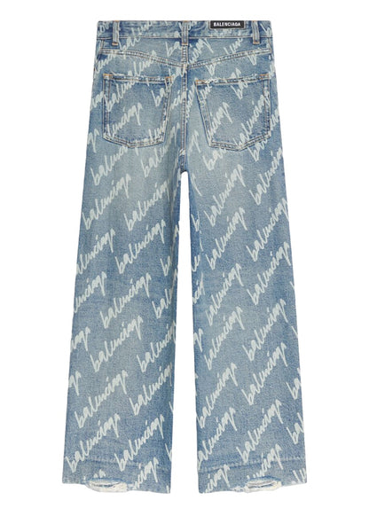 Balenciaga Womens All Over Logo Cropped Denim Trousers Indigo/White