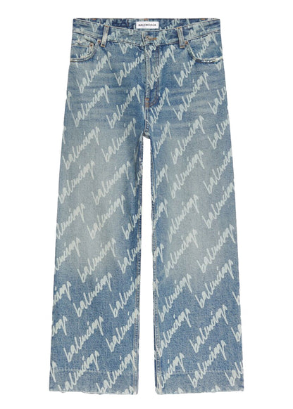 Balenciaga Womens All Over Logo Cropped Denim Trousers Indigo/White