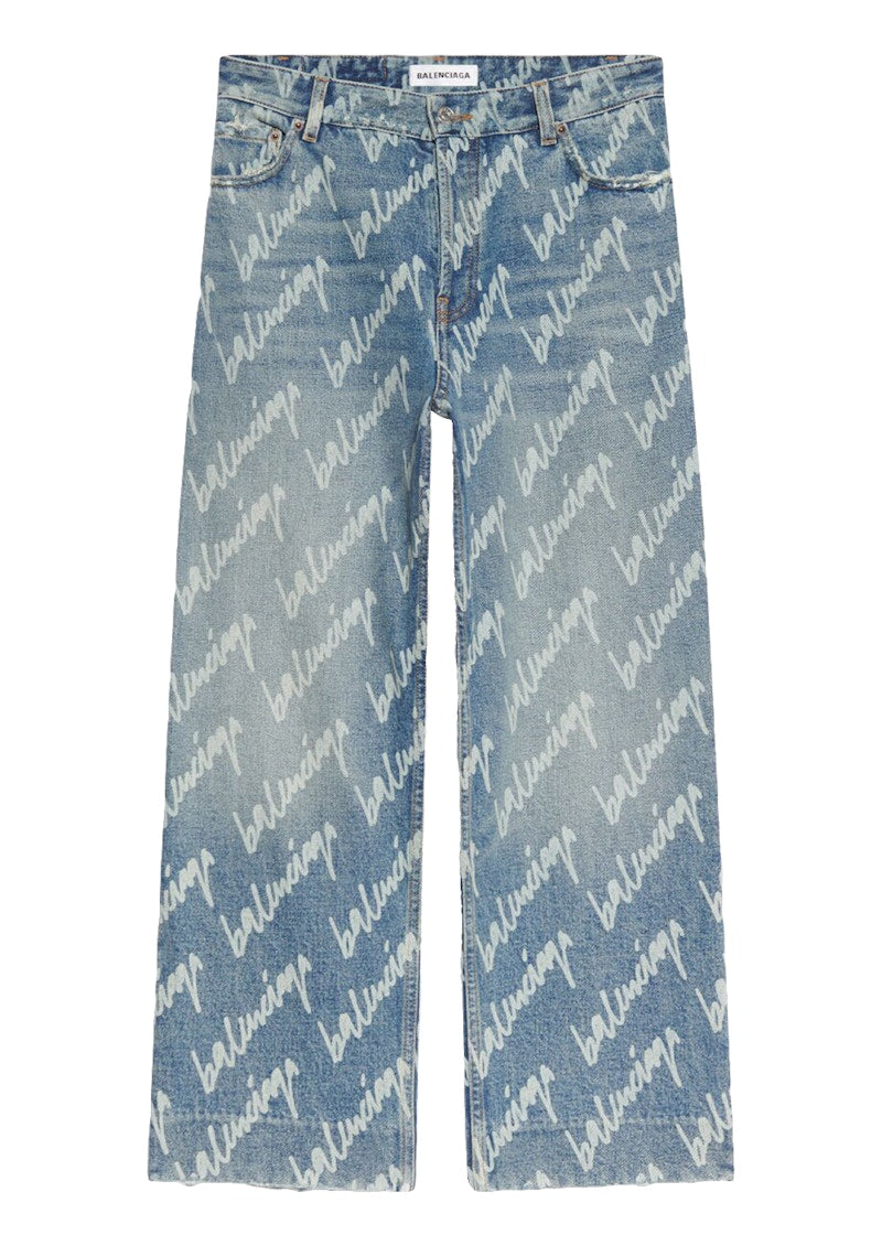 Balenciaga Womens All Over Logo Cropped Denim Trousers Indigo/White