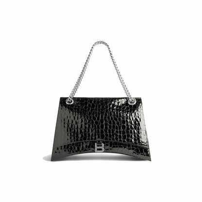 Balenciaga Womens Crush Large Chain Crocodile Embossed Bag Black