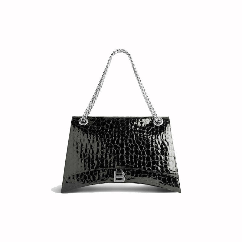 Balenciaga Womens Crush Large Chain Crocodile Embossed Bag Black