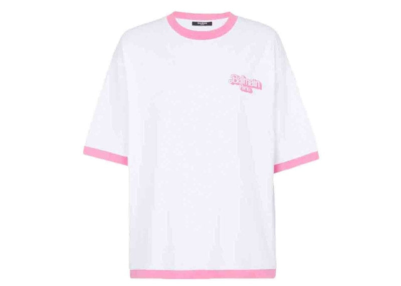 Balmain x Barbie - Cotton T-shirt White with Pink Balmain Logo Print