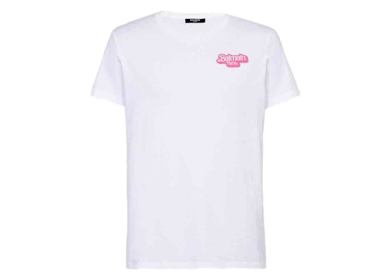 Balmain x Barbie - Cotton T-shirt White with Small Pink Balmain Paris Logo Print