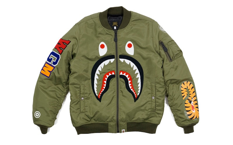 BAPE Front Facing Shark MA1 Bomber Flight Jacket Olive