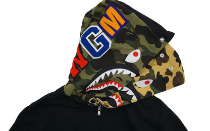 BAPE Half 1st Camo Hood Double Shark Full Zip Hoodie Black