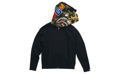 BAPE Half 1st Camo Hood Double Shark Full Zip Hoodie Black