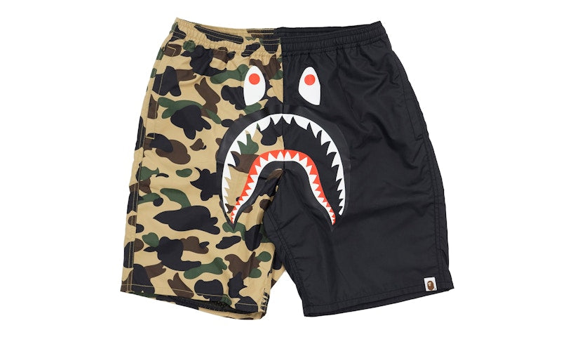 BAPE Half 1st Camo Shark Beach Shorts Black/Yellow