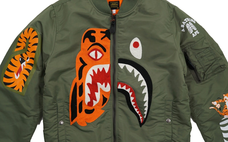 BAPE Half Shark Half Tiger Split MA1 Bomber Flight Jacket Olive