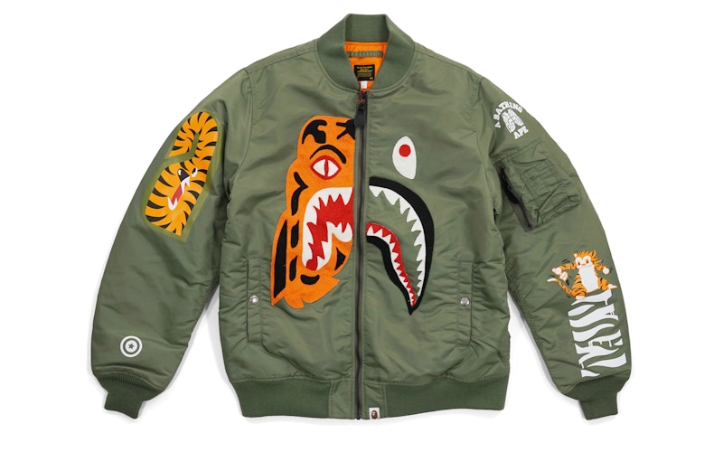 BAPE Half Shark Half Tiger Split MA1 Bomber Flight Jacket Olive