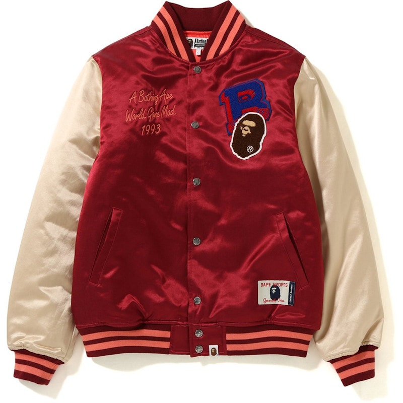 BAPE Multi Emblem Satin Varsity Jacket Burgundy