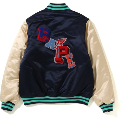 BAPE Multi Emblem Satin Varsity Jacket Navy
