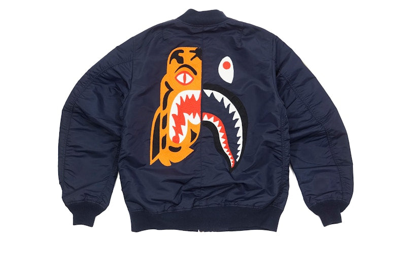 BAPE Split Tiger Shark MA1 Bomber Jacket Navy