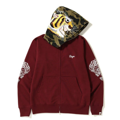 BAPE Tiger Embroidery Full Zip Hoodie Burgundy