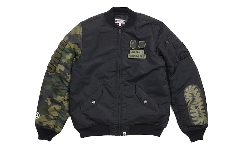 BAPE Undefeated Woodland Camo Sleeve Capsule Shark MA1 Bomber Flight Jacket Black/Green