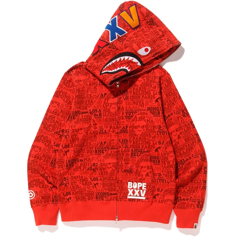 BAPE XXV Cities Camo Shark Full Zip Hoodie Red