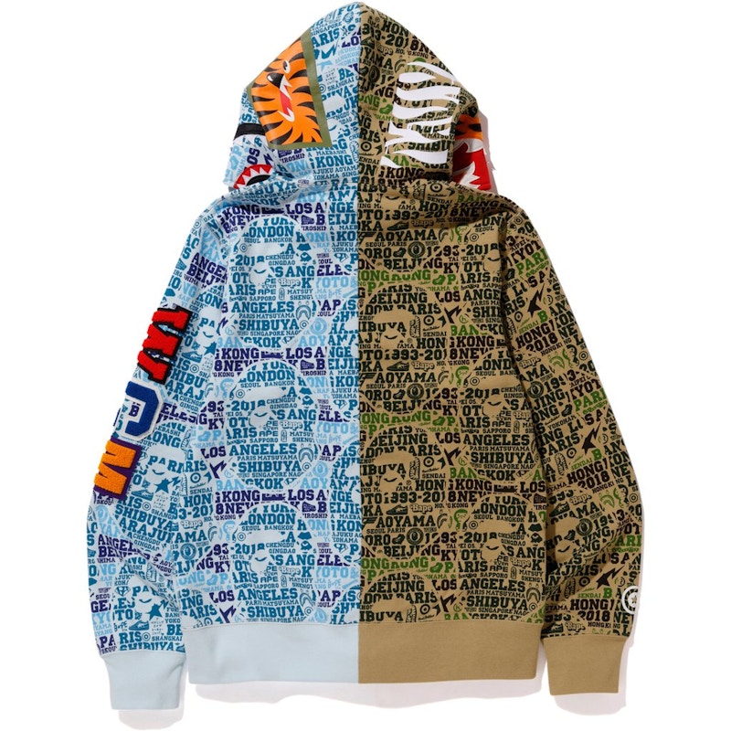 BAPE XXV Cities Camo Tiger Shark Half Full Zip Hoodie Green/Blue