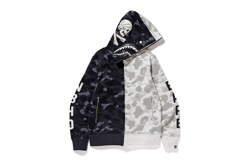 BAPE x Neighborhood Split Camo Shark Full Zip Hoodie Black/White