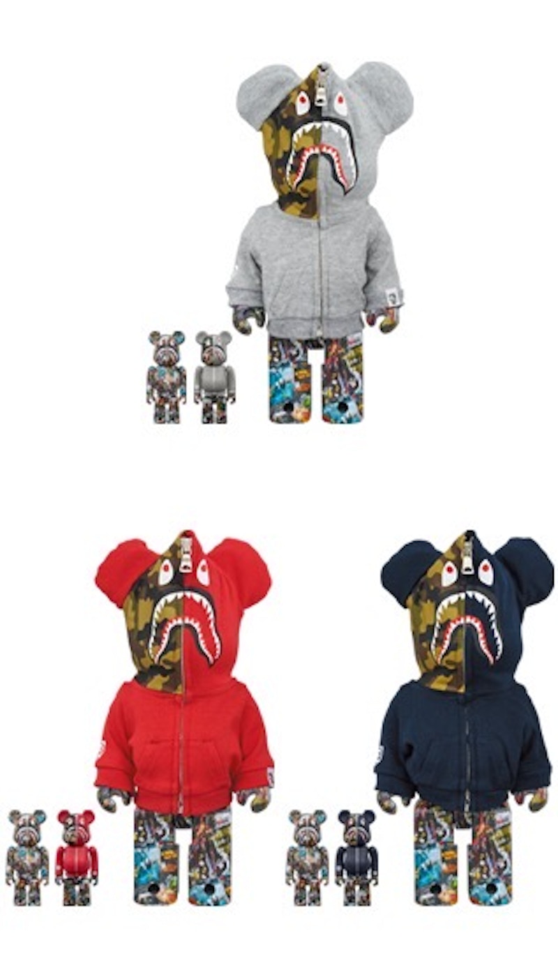 Bearbrick Bape Legacy Camo Shark 3 PC Set 100% & 400% Set Grey/Red/Navy