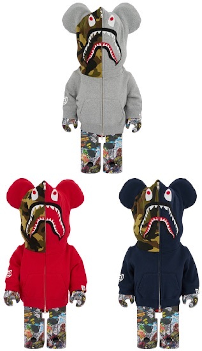 Bearbrick Bape Legacy Camo Shark 3 PC Set 1000% Grey/Red/Navy