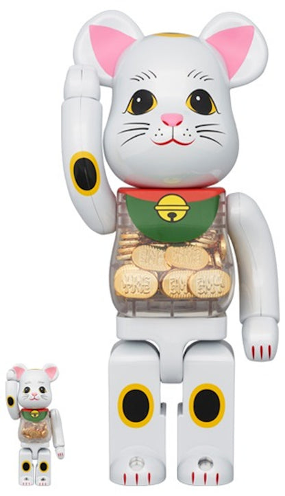 Bearbrick Lucky Cat Oval 100% & 400% Set White