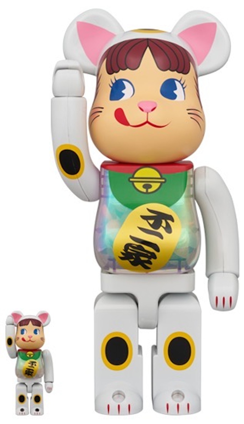 Bearbrick Lucky Cat Peko-Chan White Plated Luminescent Milky 100% & 400% Set