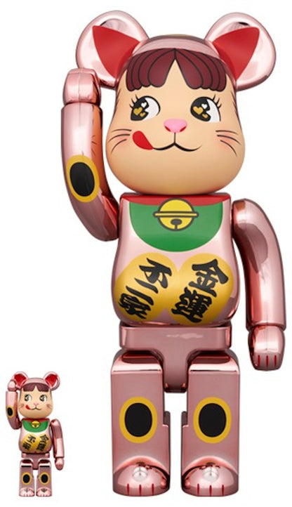 Bearbrick Lucky Cat Peko-chan Money Luck 100% & 400% Set Peach Gold
