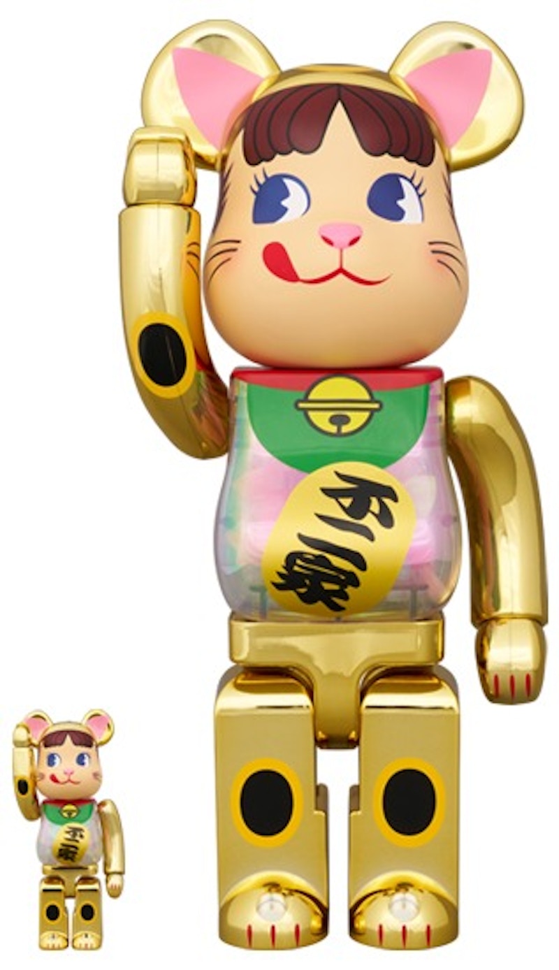 Bearbrick Maneki Neko Peko-Chan Glow in the Dark Milky 100% & 400% Set Gold Plated