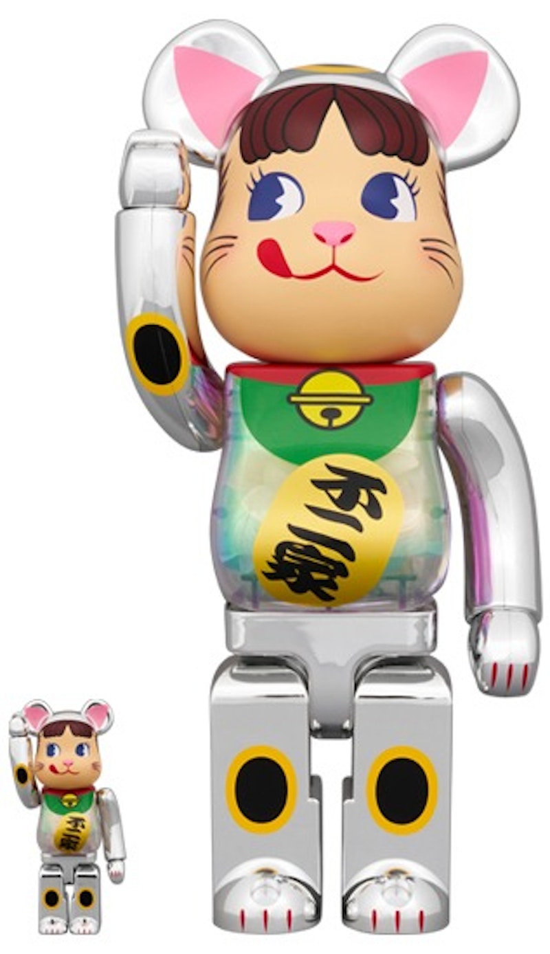 Bearbrick Maneki Neko Peko-Chan Silver Plated Glow In The Dark Milky 100% & 400% Set
