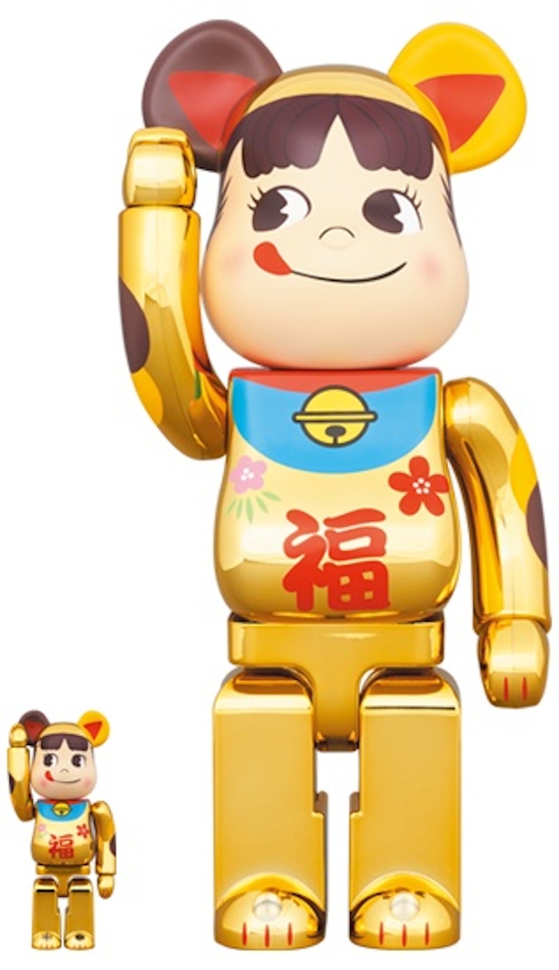 Bearbrick Maneki Neko Peko-chan Fuku 100% & 400% Set Gold Plated