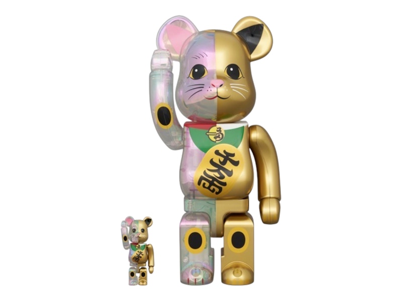 Bearbrick Medicom Maneki Neko Clear Plated x Gold Paint Ten Man Ryo 100% & 400% Set