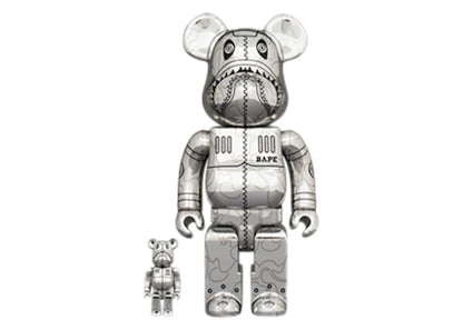 Bearbrick x BAPE x Hajime Sorayama Camo Shark 100% & 400% Set Silver