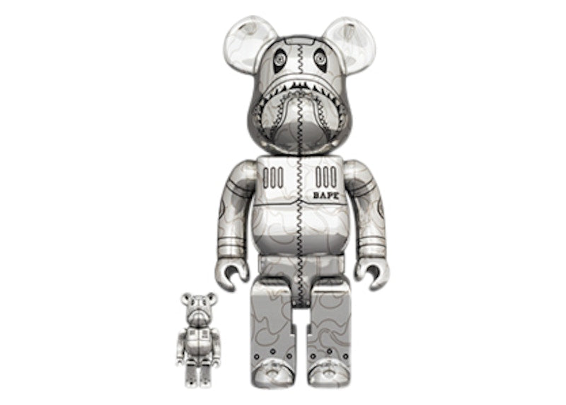 Bearbrick x BAPE x Hajime Sorayama Camo Shark 100% & 400% Set Silver