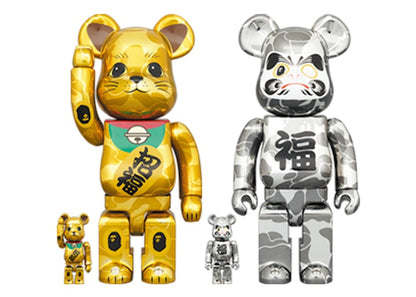 Bearbrick x BAPE Maneki Neko & Daruma 100% & 400% 4-Pc Set Gold & Silver Plated