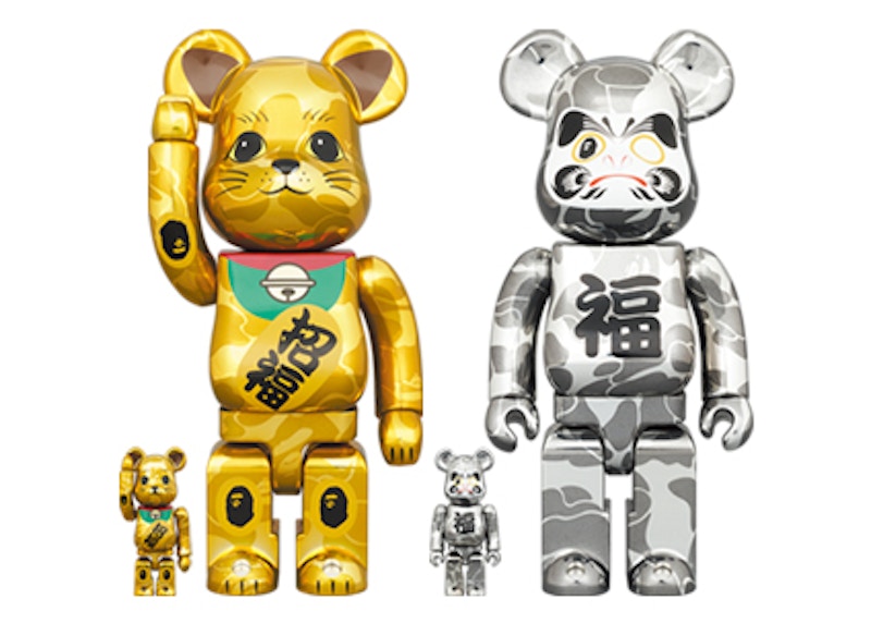 Bearbrick x BAPE Maneki Neko & Daruma 100% & 400% 4-Pc Set Gold & Silver Plated