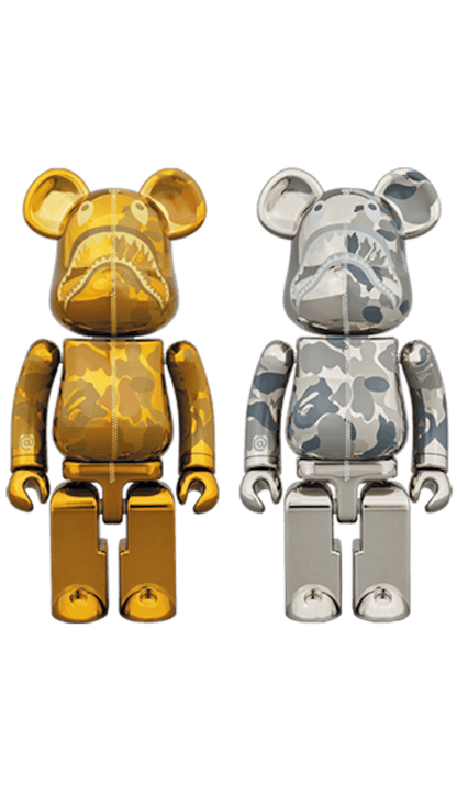 Bearbrick x BAPE Superalloy Camo Shark 200% Set Gold/Silver