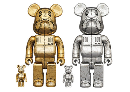 Bearbrick x BAPE x Hajime Sorayama Camo Shark 100% & 400% 4-Pc Set Gold & Silver