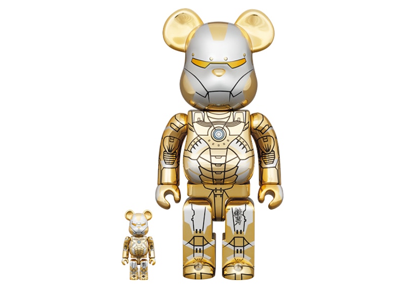 Bearbrick x Hajime Sorayama x Marvel Iron Man Reverse 100% & 400% Set Gold/Silver