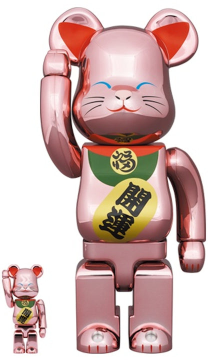 Bearbrick x Medicom Toy Maneki Neko Good Luck Peach Gold Plated 100% & 400% Set