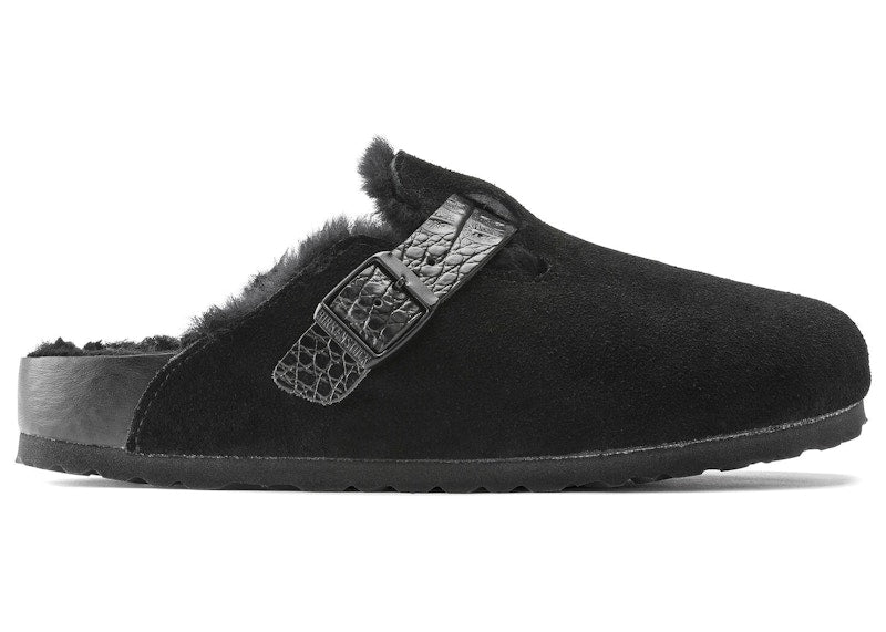 Birkenstock Boston Shearling Suede Reptile Embossed Strap Black