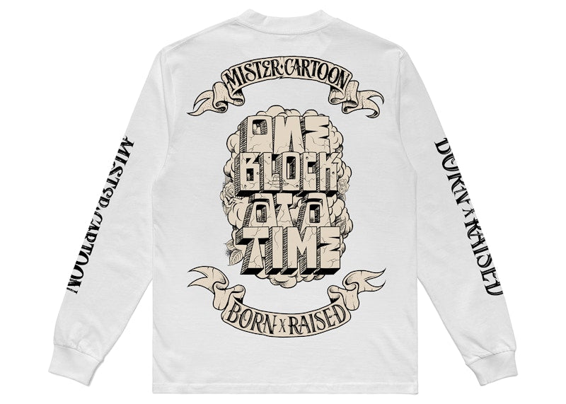 Born X Raised x Mister Cartoon Block Banner L/S Tee White
