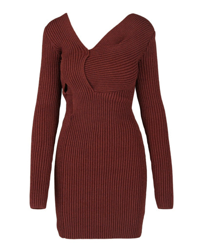 Bottega Veneta Asymmetrical V-Neck Sweater Dress Rust