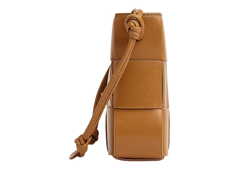 Bottega Veneta Cassette Pouch On Strap Intreccio Camel