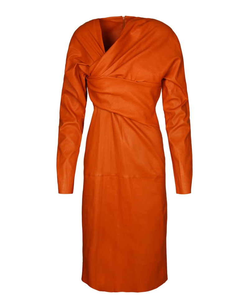 Bottega Veneta Draped Leather Midi Dress Copper