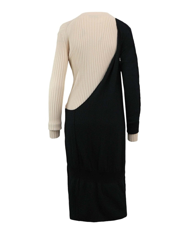 Bottega Veneta Draped Ribbed Knit Midi Dress Black/White