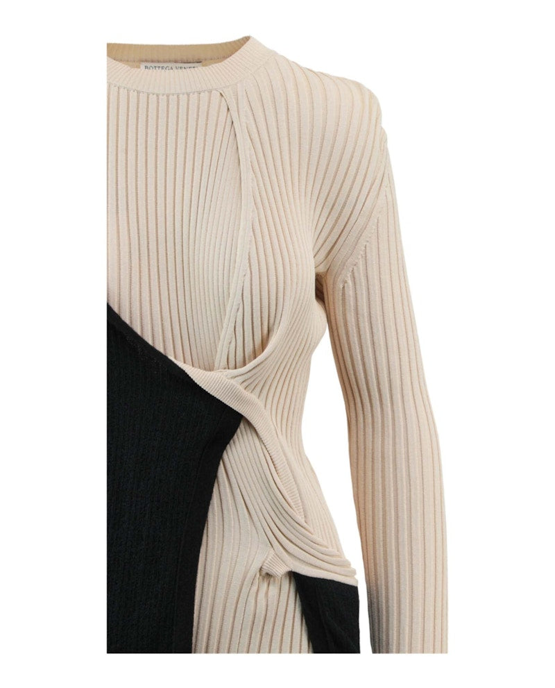 Bottega Veneta Draped Ribbed Knit Midi Dress Black/White