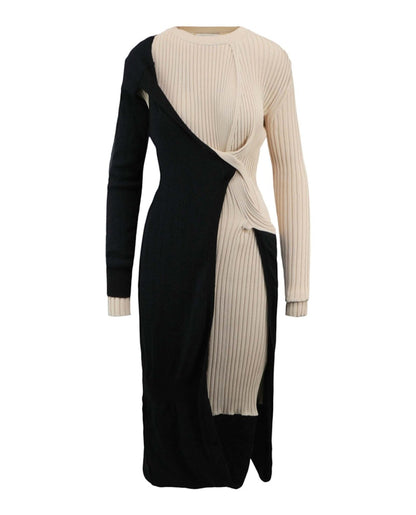 Bottega Veneta Draped Ribbed Knit Midi Dress Black/White