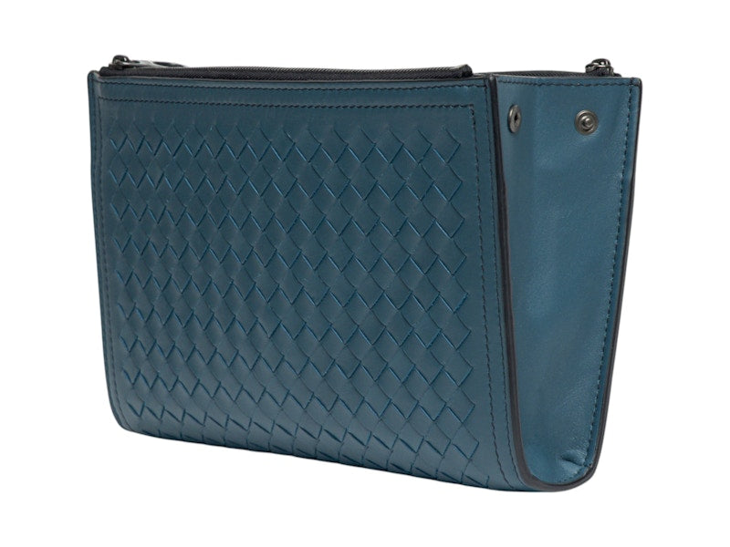 Bottega Veneta Intrecciato Leather Wristlet Bag Blue